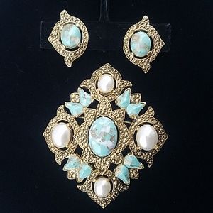 Sarah Coventry Brooch Earrings Set Gold Turquoise